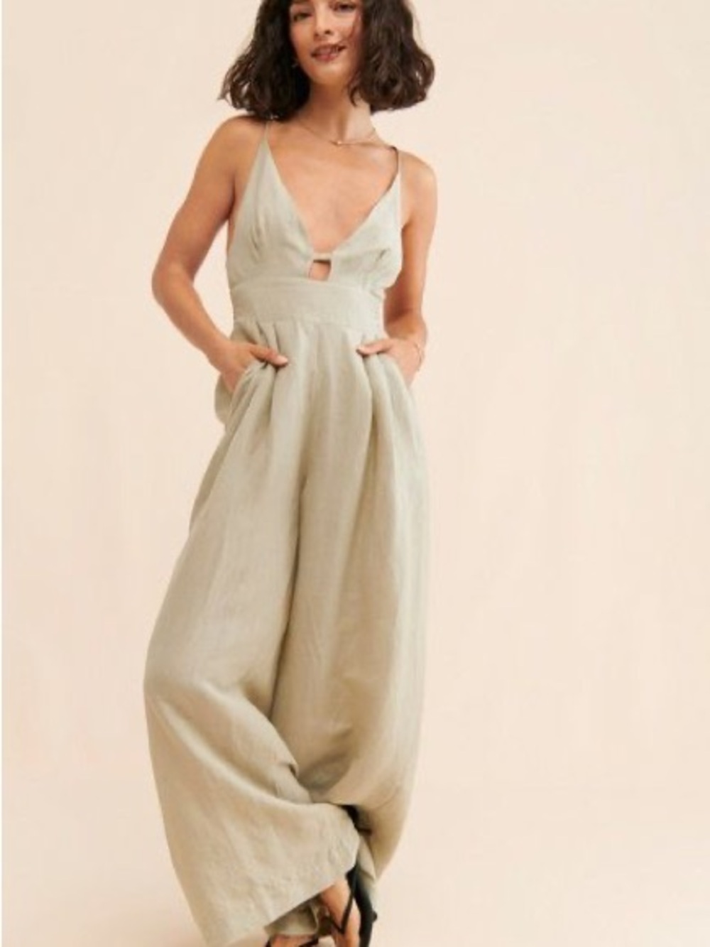 Free People Emma Linen Blend Wide Leg Jumpsuit in Alfalfa - Picture 2 of 8